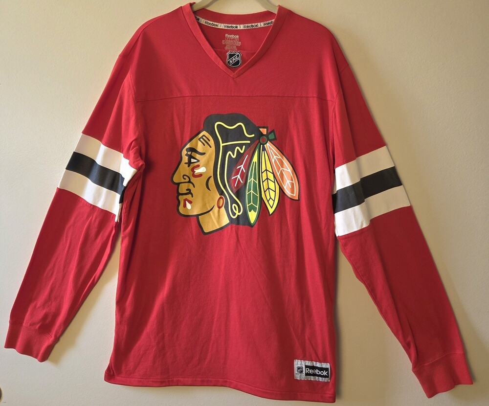 Chicago Blackhawks Face Off Jersey Style Long Sleeve T-Shirt NHL Reebok Size L